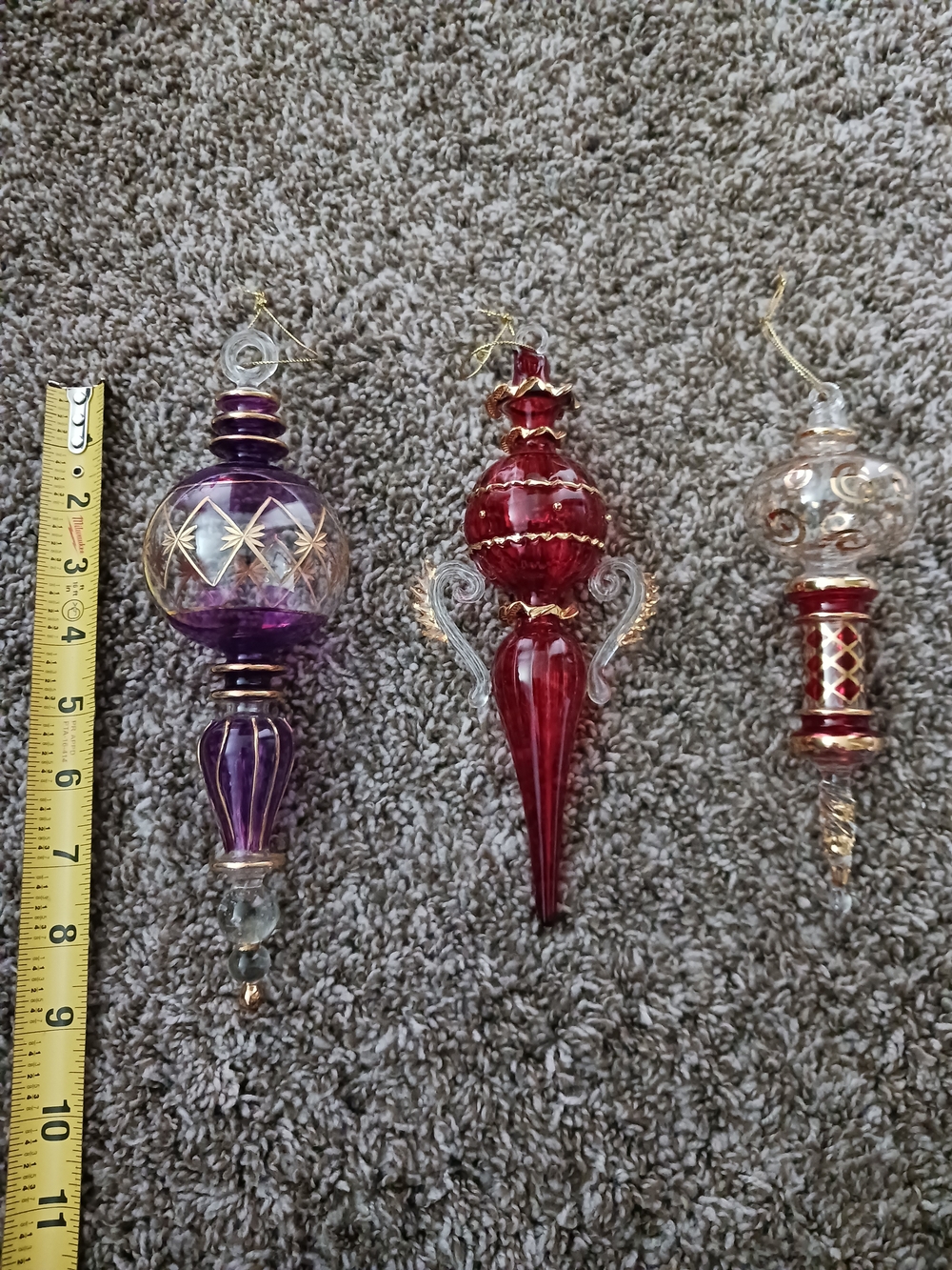 3 Piece Glass Hand Blown Holiday Ornament Set - Purple Red & Gold